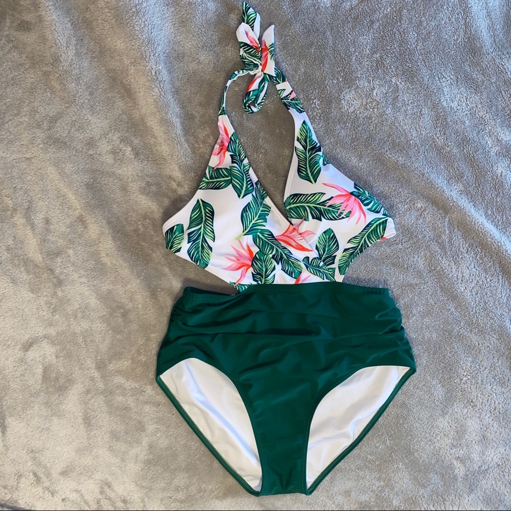 Palm Leaf Halter Neck Cut Out One-Piece Sw…